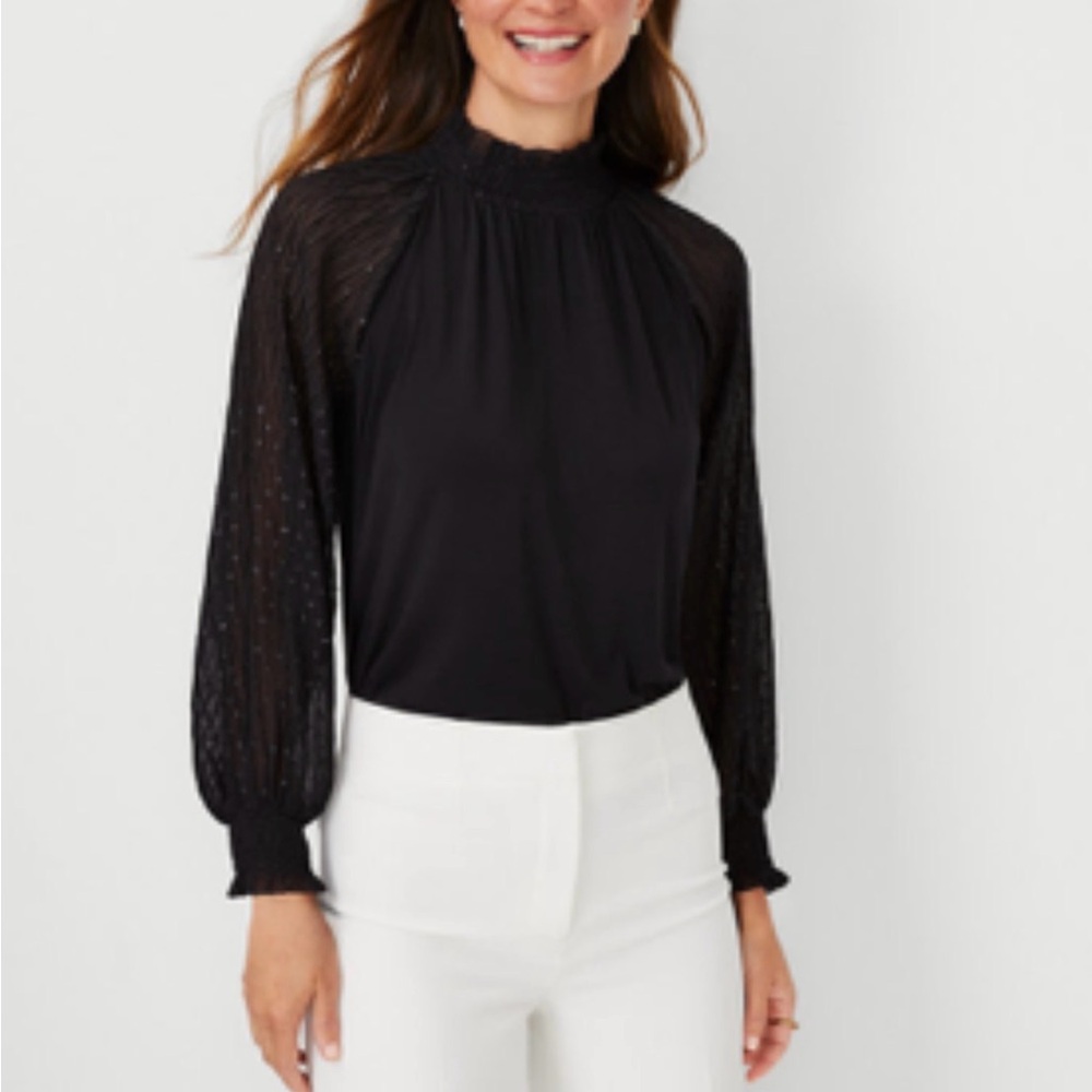 Ann Taylor Metallic Clip Sleeve Mock Neck Top